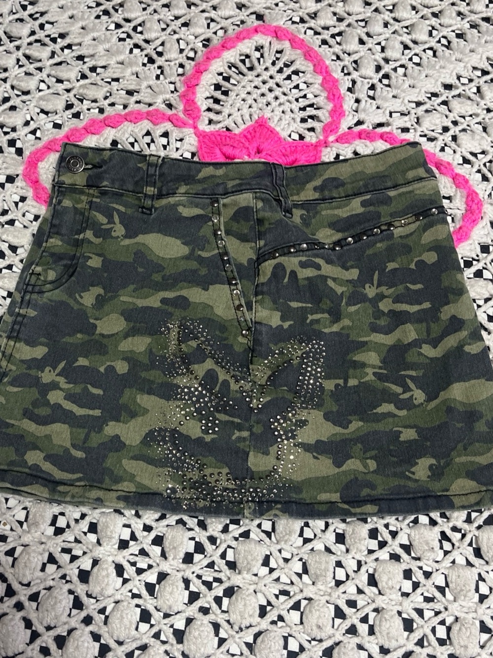 Y2k Women's Camouflage Playboy  Skirt with Studs And Rhinestone Details - Picture 3 of 8